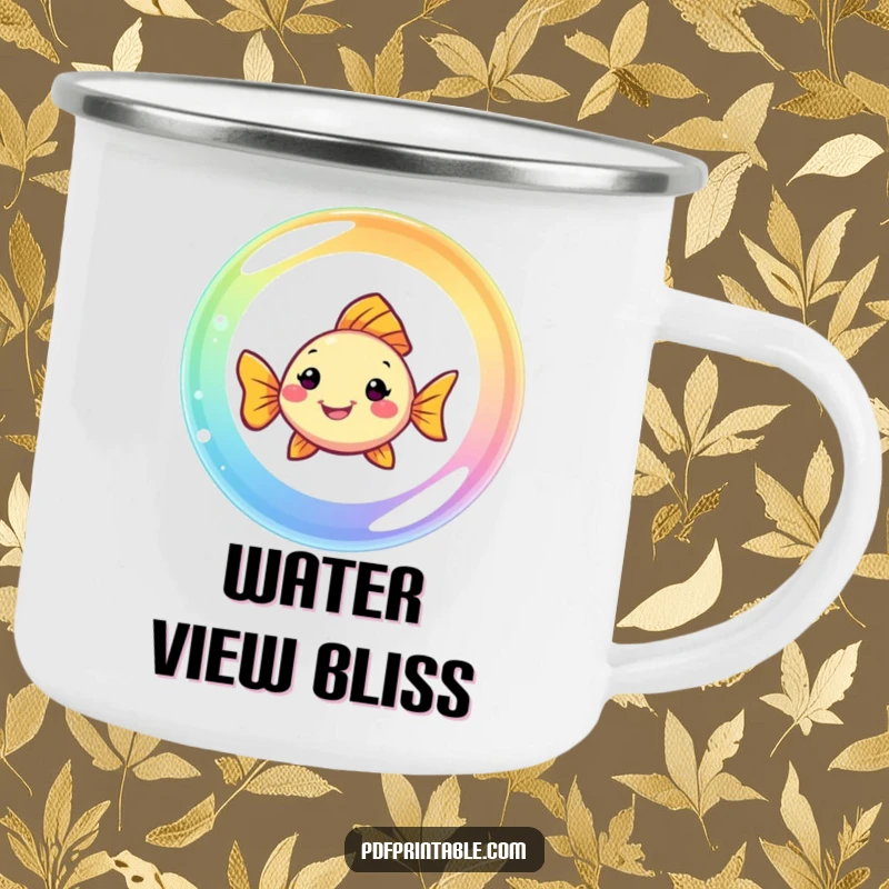 Funny Fish Camping Mug: A smiling fish swims through a rainbow bubble, blending outdoor adventure with colorful humor.