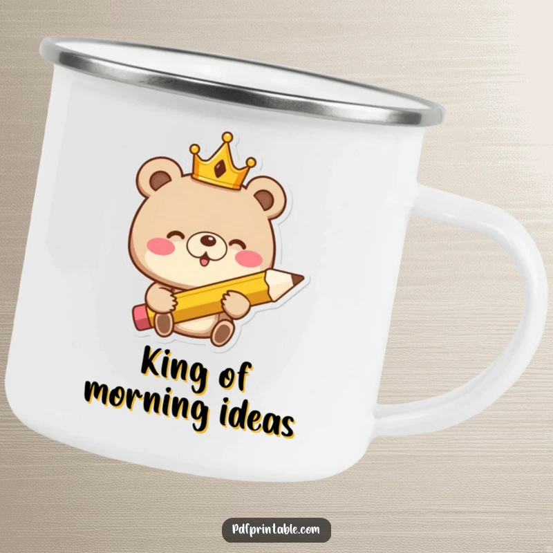 Funny Camping Mug: Giggling bear king with a crown and giant pencil, ready for outdoor adventures and royal sips.