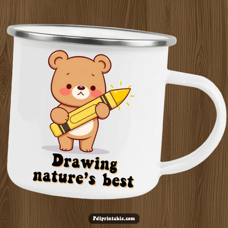 Funny kawaii bear holding a giant crayon, drawing a happy sun, perfect for this durable camping mug.