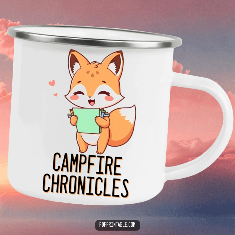 Funny kawaii fox giggling with colorful papers, perfect for this durable camping mug.