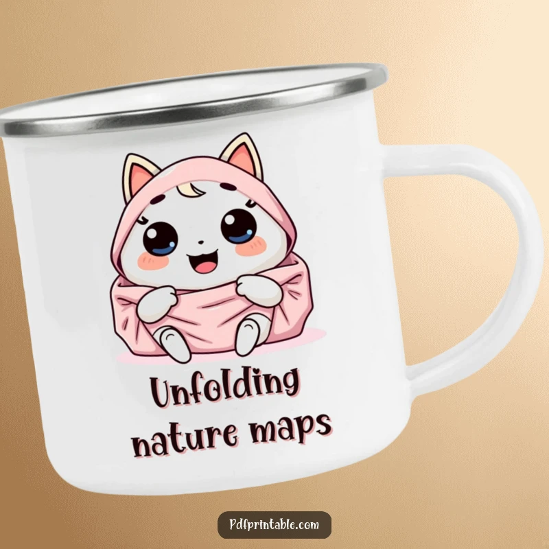 Funny Camping Mug: Giggling Kawaii character joyfully unfolds a large, colorful design. A humorous funny gift for outdoor lovers.