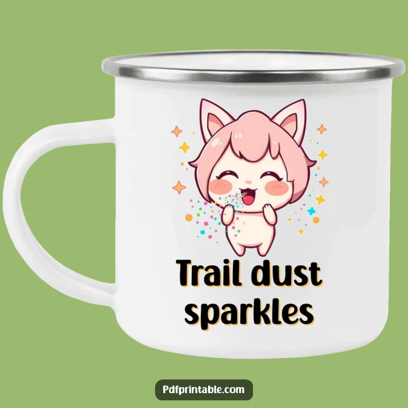 Funny Kawaii Glitter Camping Mug: Happy Character Spreading Joy Outdoors