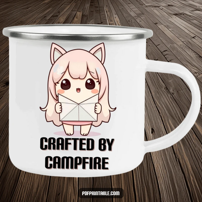Funny Camping Mug: Surprised Kawaii character proudly displays a handmade paper craft. A humorous funny gift for outdoor enthusiasts.