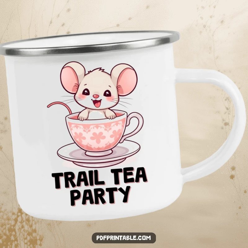 Funny Mouse Camping Mug: A delighted mouse enjoys a teacup ride outdoors, blending adventure with humor.