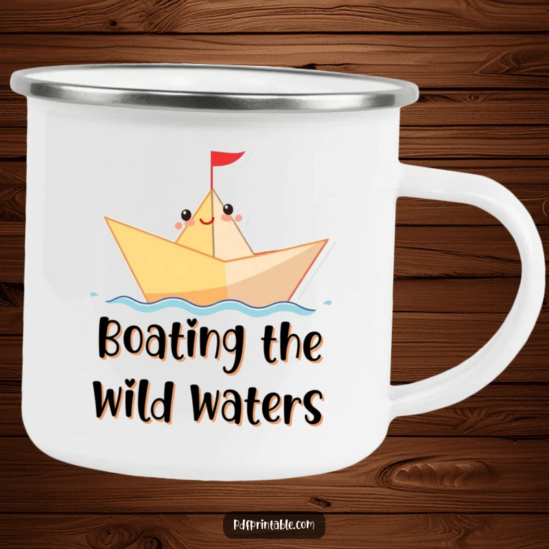 Funny Camping Mug featuring a cheerful paper boat sailing on a wavy line, a fun companion for outdoor adventures.