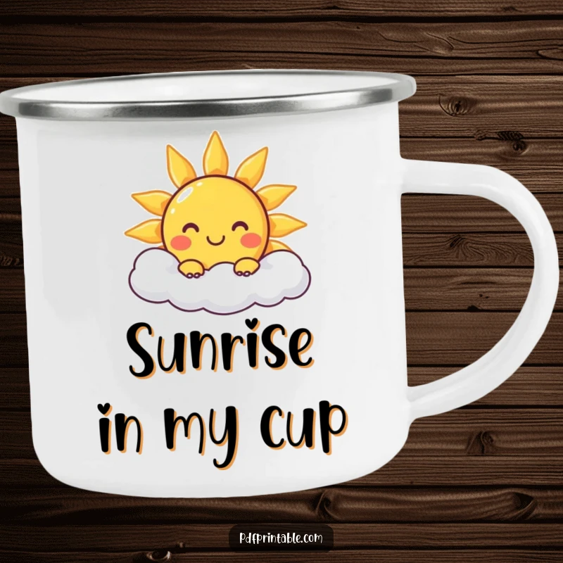 Funny Camping Mug: A sturdy mug with a smiling sun character peeking from a cloud, perfect for sunny outdoor moments.