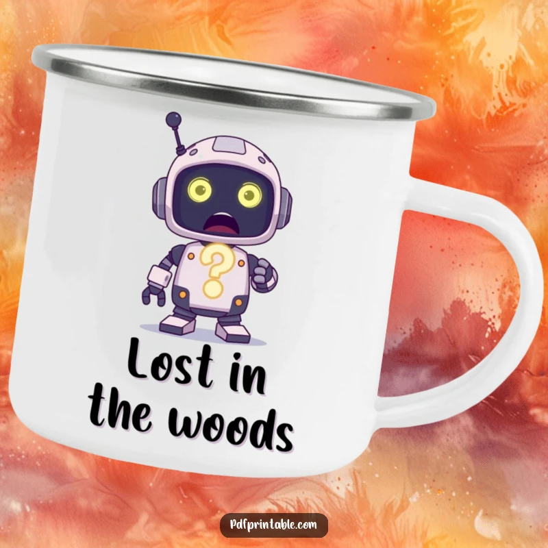 Funny Camping Mug with a surprised robot character holding a large, glowing question mark, perfect for outdoor contemplation.