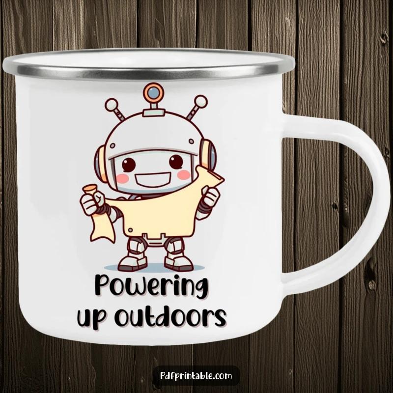 Funny grinning robot holding an unfurled scroll with a smile, on a camping mug, great funny gift.
