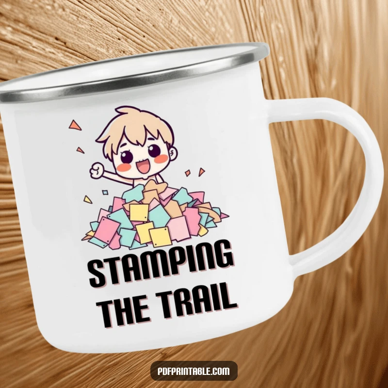 Funny camping mug with a character stamping papers, a durable and humorous vessel for drinks on any adventure.
