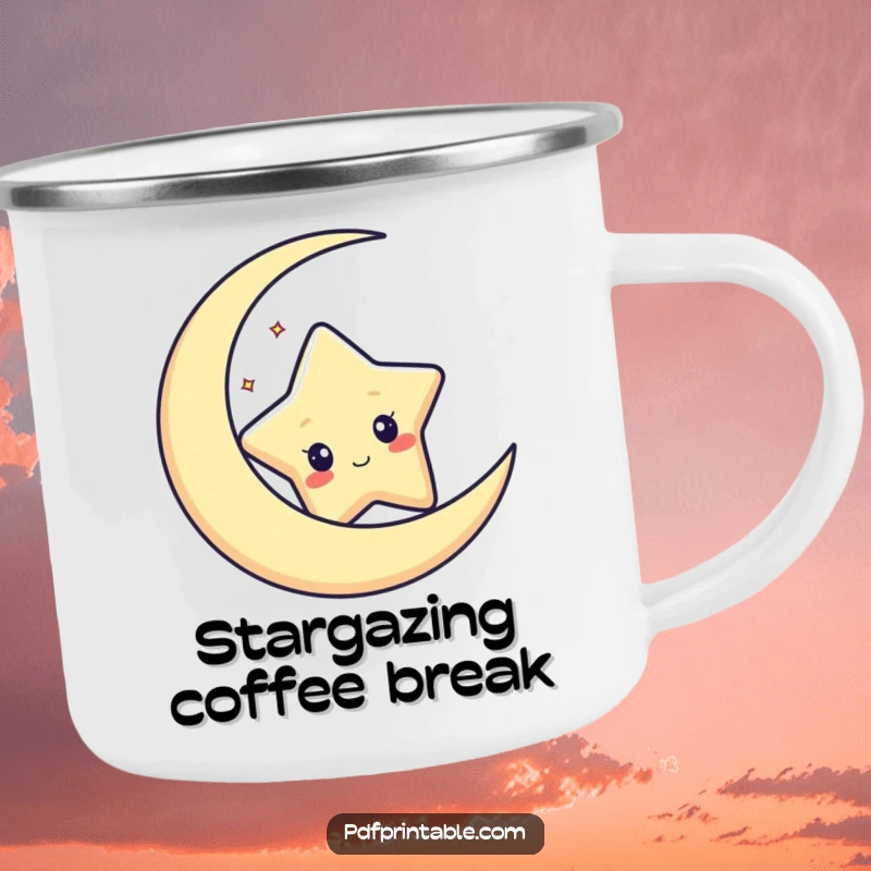Funny camping mug showing a curious star character peeking from behind a crescent moon, perfect for outdoor enjoyment.