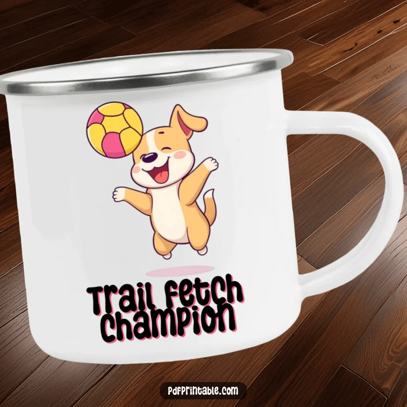 Funny dog bouncing a colorful ball high in the air on a camping mug, ready for playful outdoor sips.