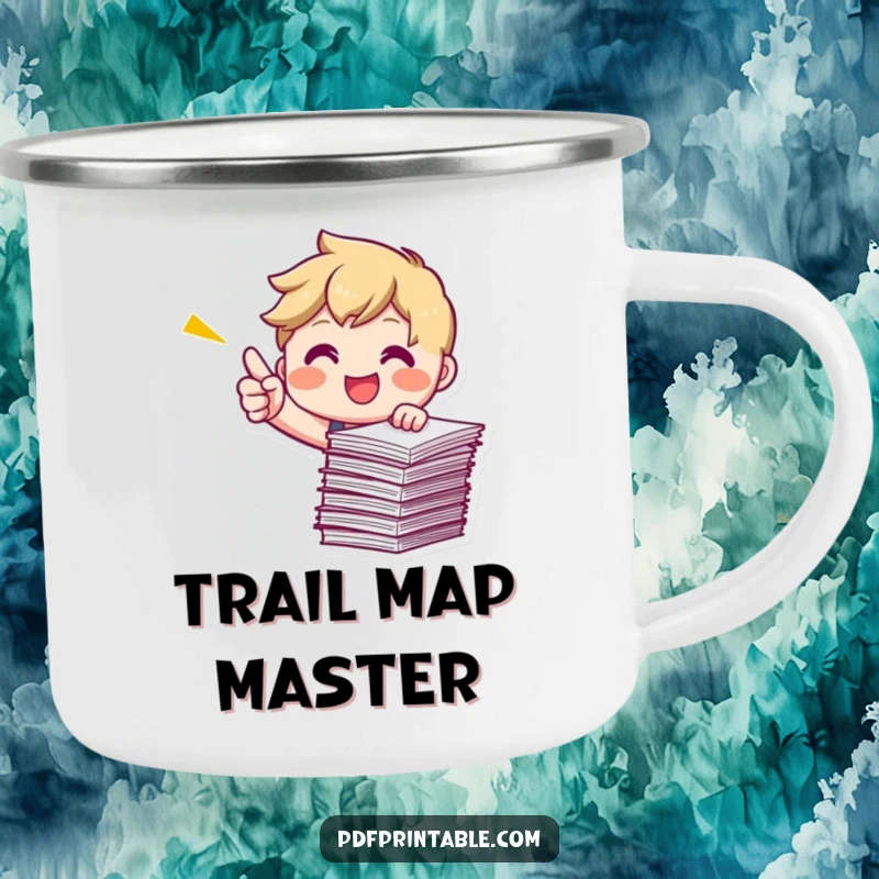 Funny Pointing Papers Camping Mug featuring a smiling character energetically pointing at a stack of papers, perfect for motivated adventures.