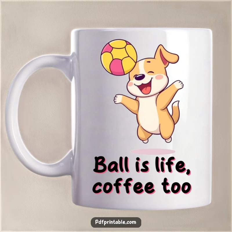Funny happy dog energetically bouncing a colorful ball high in the air on a mug, symbolizing pure, unadulterated joy.