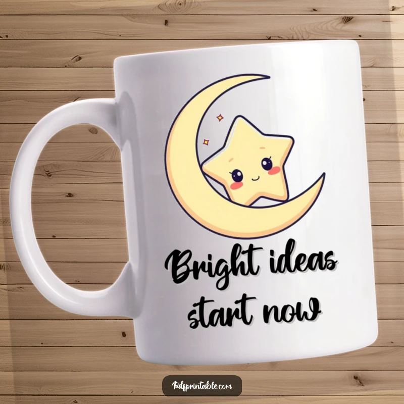 Funny mug showing a curious star character playfully peeking from behind a celestial crescent moon, inviting wonder.