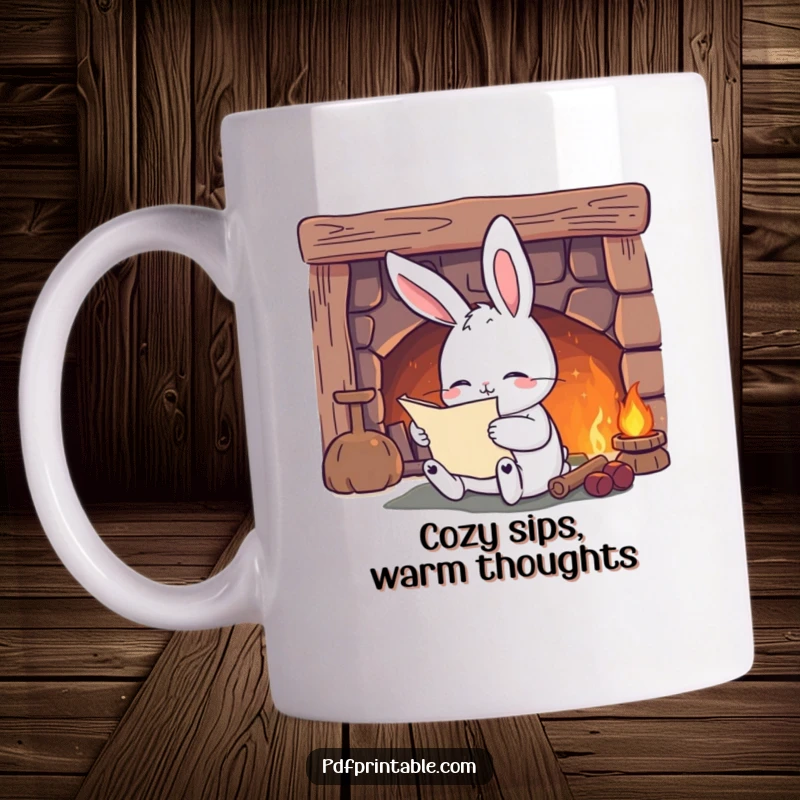 Funny Mug: A content rabbit reads a scroll by a cozy fireplace, radiating warmth and a love for literature, perfect for relaxation.