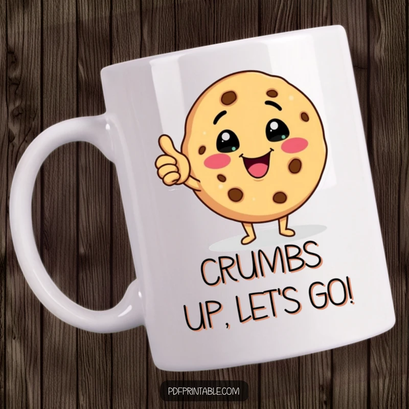 Funny cookie mug featuring a happy cookie character giving a cheerful wink and a thumbs up gesture, full of positive energy.