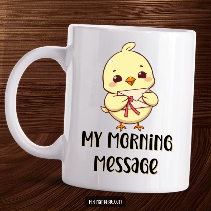 Funny Bird Letter Mug featuring a cheerful bird character delivering a tiny, folded letter tied with a ribbon, symbolizing thoughtful communication.