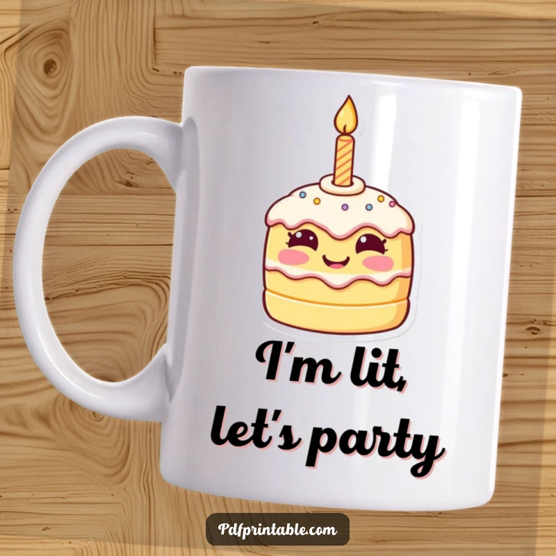 Funny birthday cake mug featuring a tiny, smiling cake character with a lit candle, radiating pure birthday joy.
