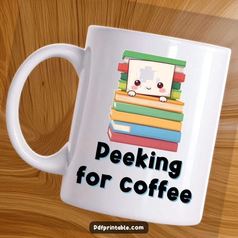 Funny Mug featuring a shy paper character peeking mischievously from behind a tall stack of vibrant, colorful book pages.