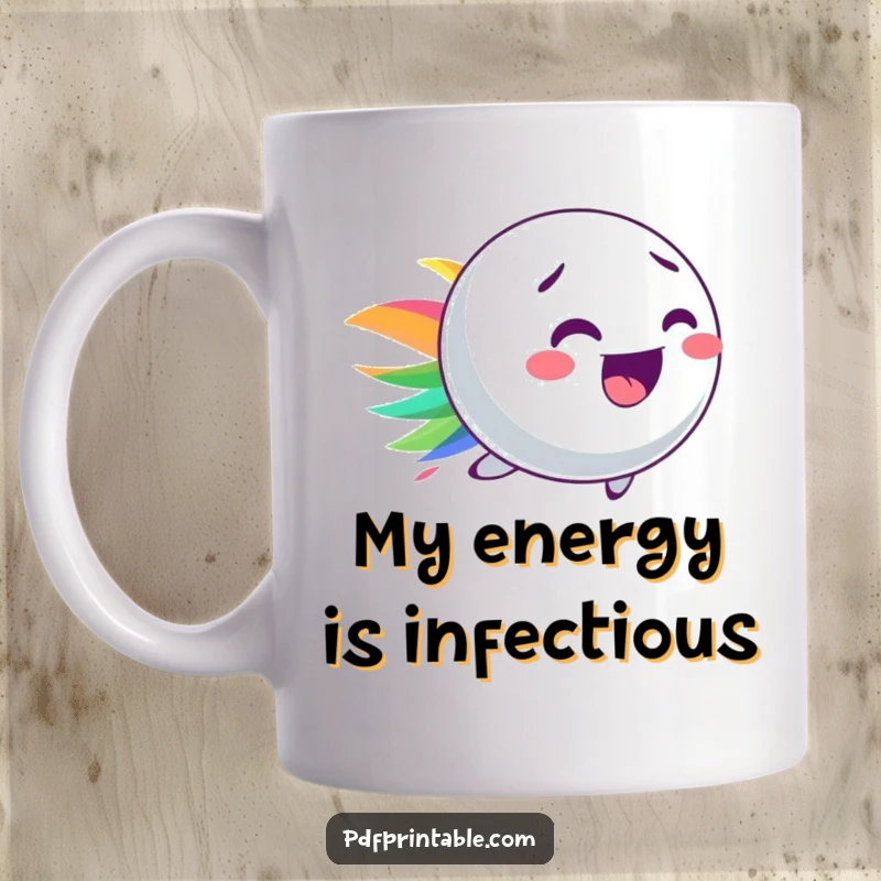 Funny mug showcasing a playful bouncy ball character leaving a vibrant, colorful streak, symbolizing energy and fun.