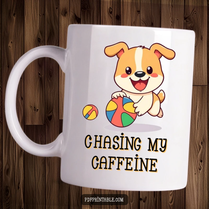 Funny Dog Ball Mug featuring a happy dog character energetically chasing a bouncing, colorful ball, radiating pure canine joy.