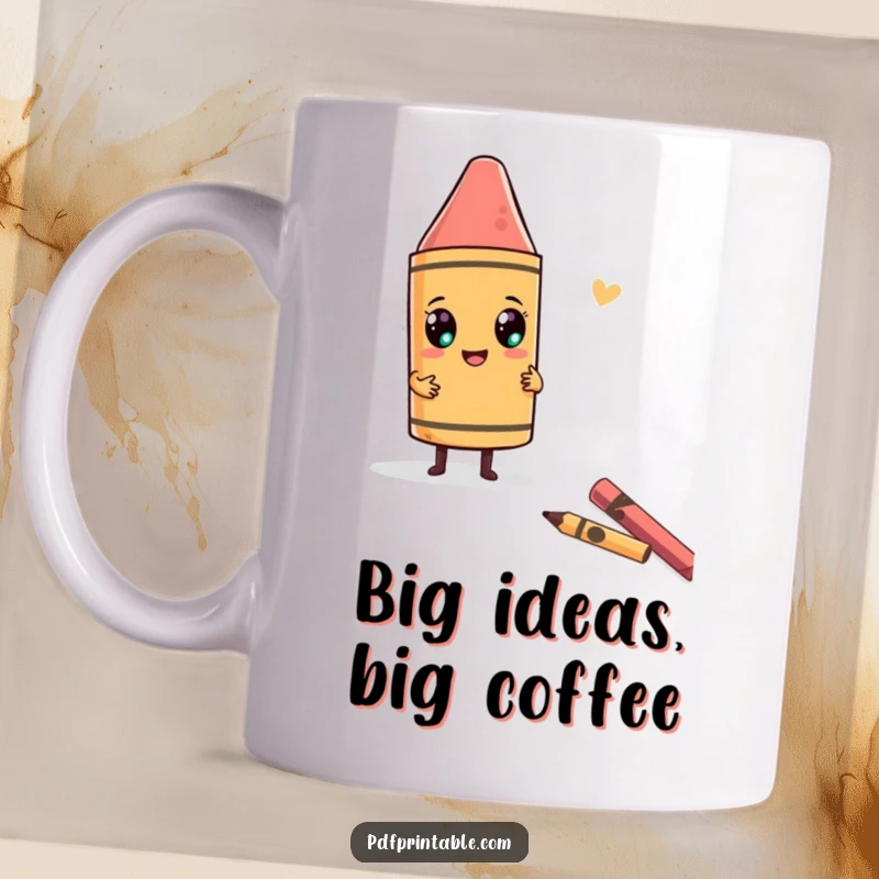Funny Mug featuring a character gleefully using a giant crayon to draw a whimsical and funny shape, embodying playful creativity.
