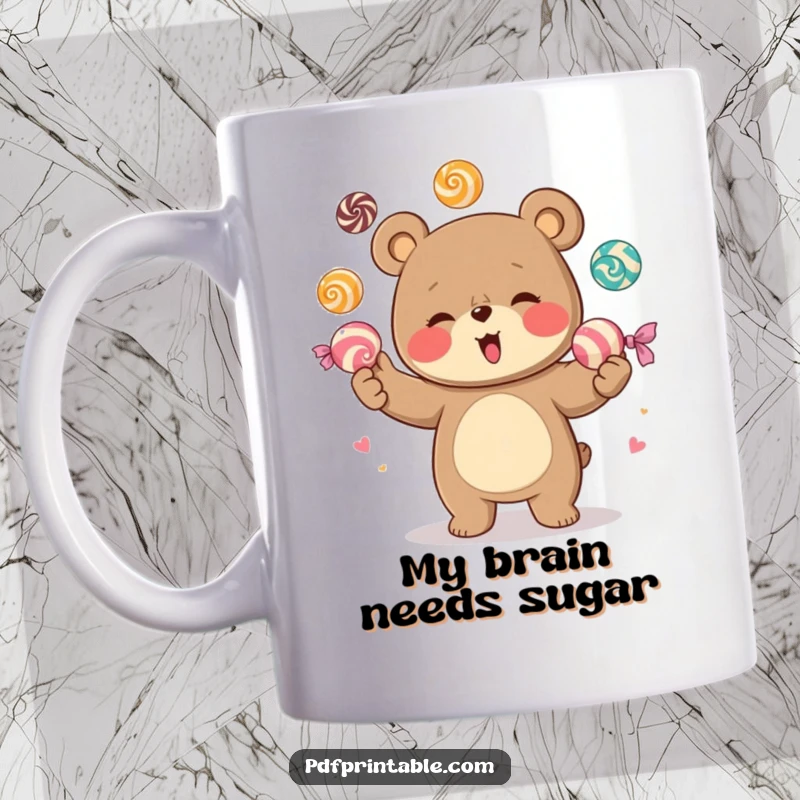 Funny ceramic mug shows a giggling bear character enthusiastically juggling a pile of oversized, brightly colored candies, radiating pure happiness and sweet delight.