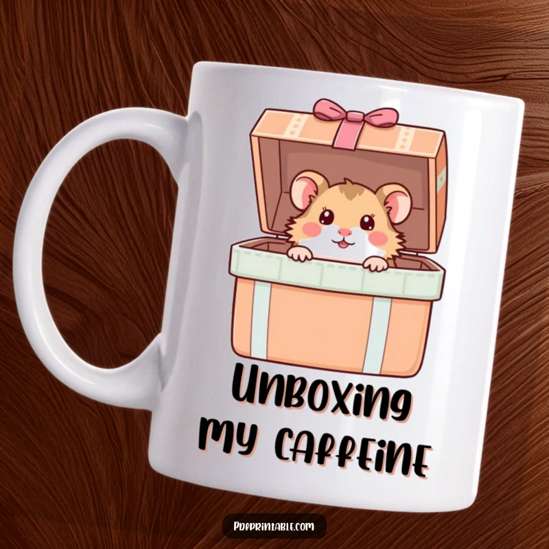 Funny Hamster Mug: A curious hamster peeks out from a giant, opened gift box, revealing a hilarious and delightful surprise.