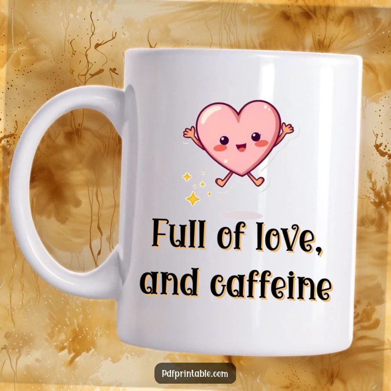 Funny mug depicting a joyful jumping heart character leaving a vibrant trail of sparkles, symbolizing love and excitement.