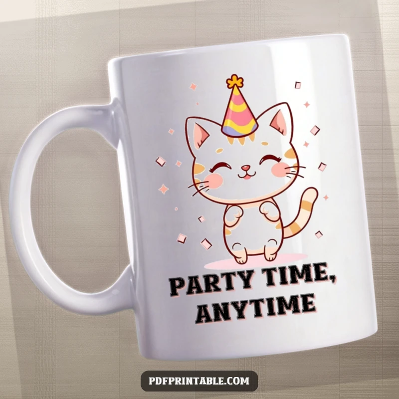 Funny Kawaii cat wearing a party hat in a joyful celebration, surrounded by falling confetti, bringing cheerful vibes to this cute mug.