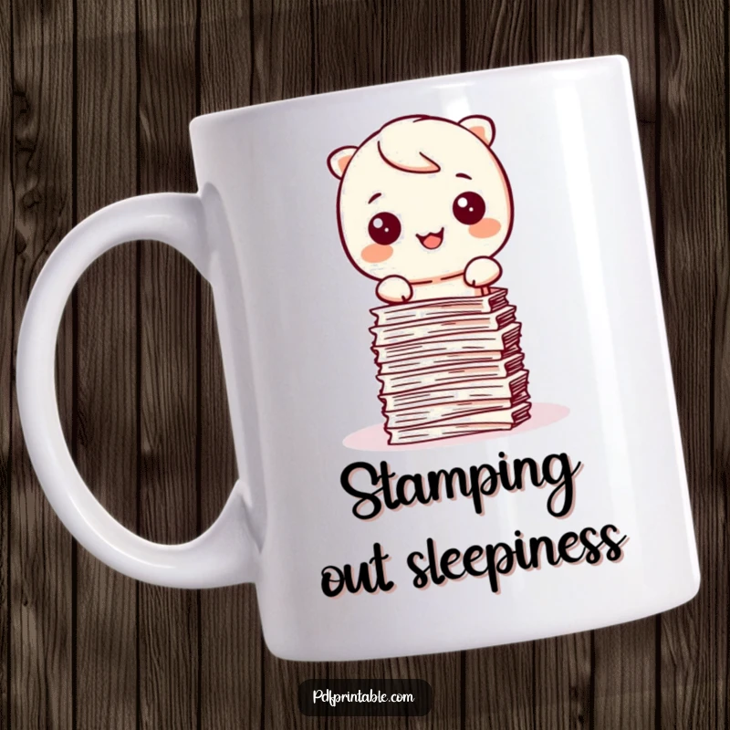 Funny Kawaii character happily stamping papers into a neat stack, a symbol of organization and productivity mug.