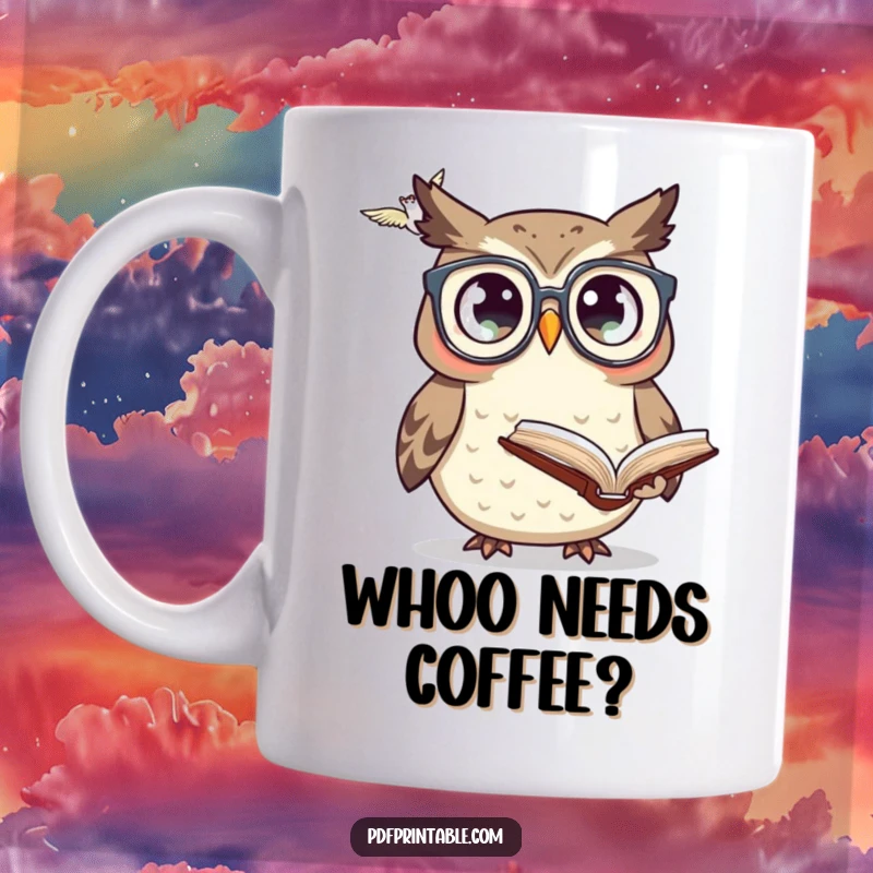 Funny surprised owl in glasses looking at a flying book on a mug, symbolizing unexpected knowledge and humor.