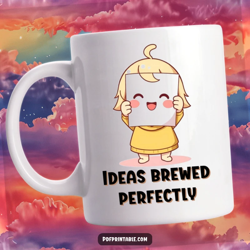 Funny mug featuring a cute character smiling triumphantly while holding a freshly printed page, celebrating success.