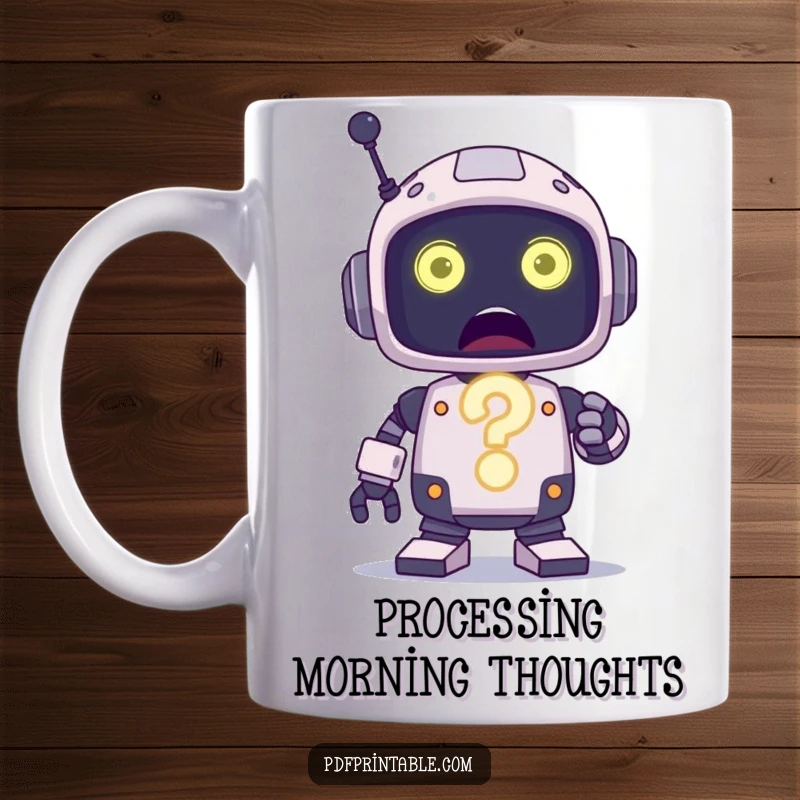 Funny Mug featuring a surprised little robot character holding a large, glowing question mark, looking utterly bewildered.