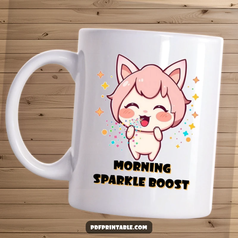 Funny Kawaii character mug featuring a happy character joyfully blowing a stream of colorful glitter, spreading cheer and sparkle.