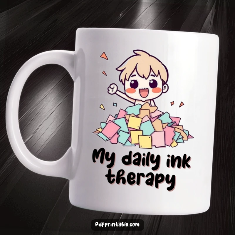 Funny mug featuring a character excitedly stamping a huge pile of paper shapes, embodying productivity with a humorous twist.
