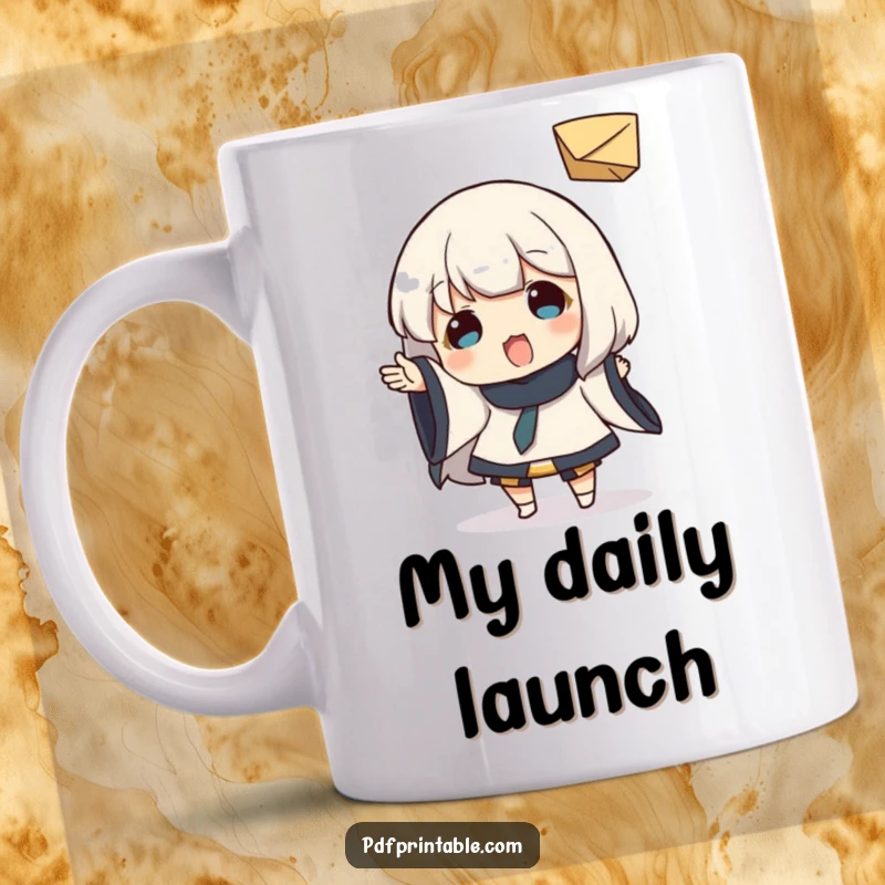 Funny Mug: Character playfully tossing a small folded paper object, symbolizing carefree fun and lightheartedness, a humorous desk accessory.