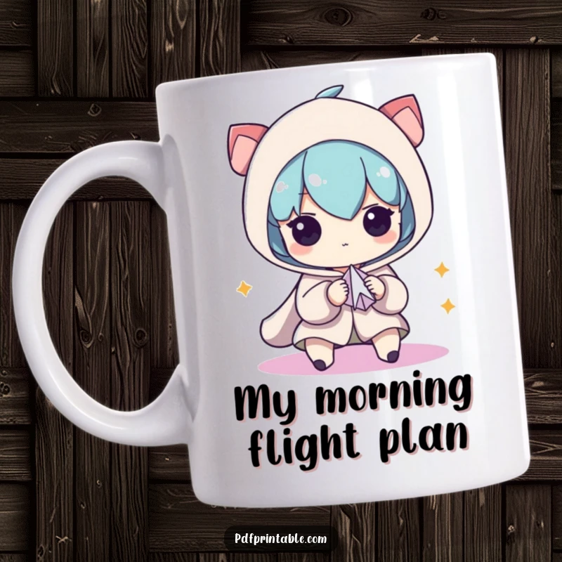 Funny Mug: Determined character intently folding a small paper airplane, showcasing focus and creative ambition, a humorous desk accessory.