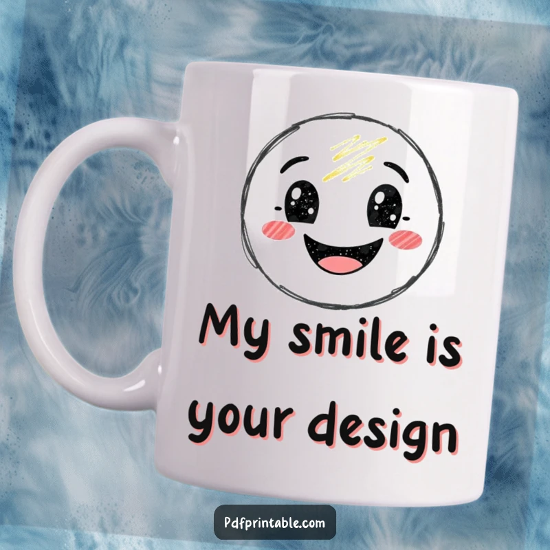 Funny Mug featuring a smiling crayon character joyfully drawing a big, happy smile, spreading cheer and creativity.