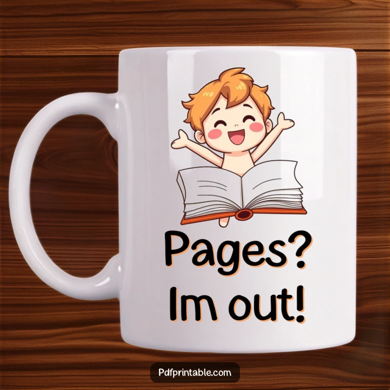 Funny Mug: Smiling book character joyfully leaping out of an open book page, celebrating literature with a cheerful expression.