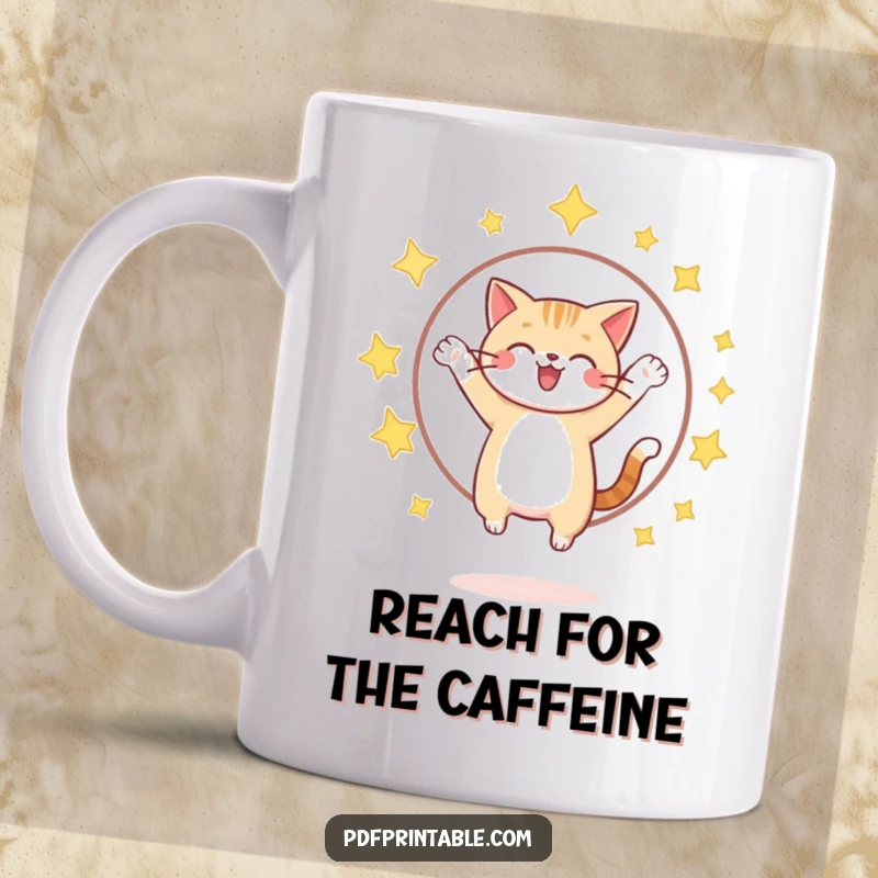 Funny cheerful cat jumping through a sparkling star hoop on a mug, symbolizing dreams and playful magic.