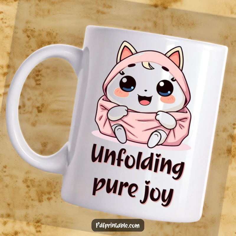 Funny Mug: Giggling Kawaii character joyfully unfolds a large, colorful design. A hilarious gift for creators and optimists.