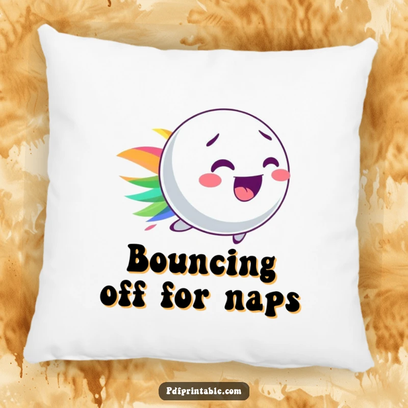 Funny pillow showcasing a playful bouncy ball character leaving a colorful streak, designed for maximum comfort and cheer.