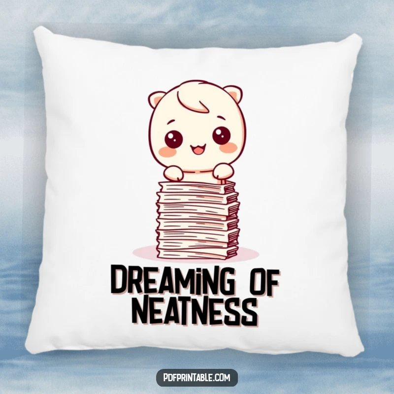 Funny Kawaii character happily stamping papers into a neat stack on a pillow, bringing cozy organization.