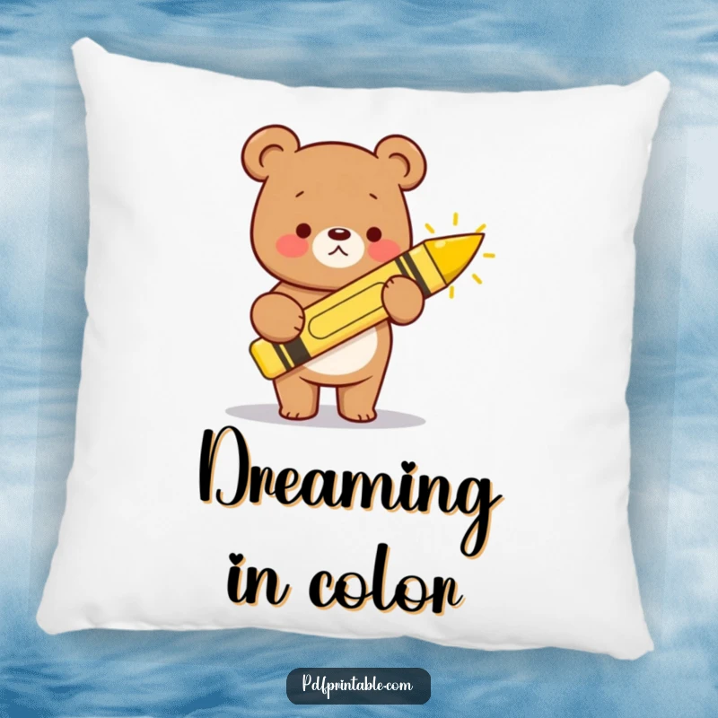 Funny kawaii bear holding a giant crayon, drawing a happy sun, bringing artistic charm to this plush pillow.