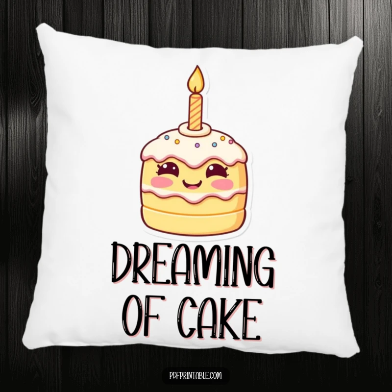 Funny birthday pillow showing a tiny, smiling cake character with a birthday candle, offering comfort and a touch of cheer.