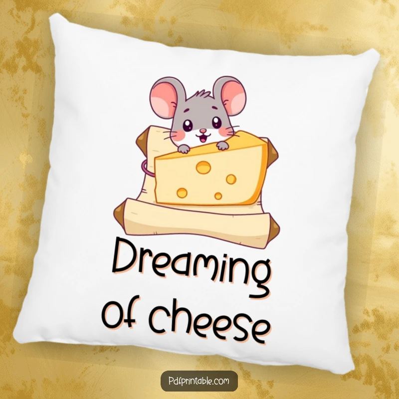 Funny Mouse Cheese Pillow with a surprised mouse character discovering a giant piece of cheese on a scroll, offering cute and cozy decorative appeal.