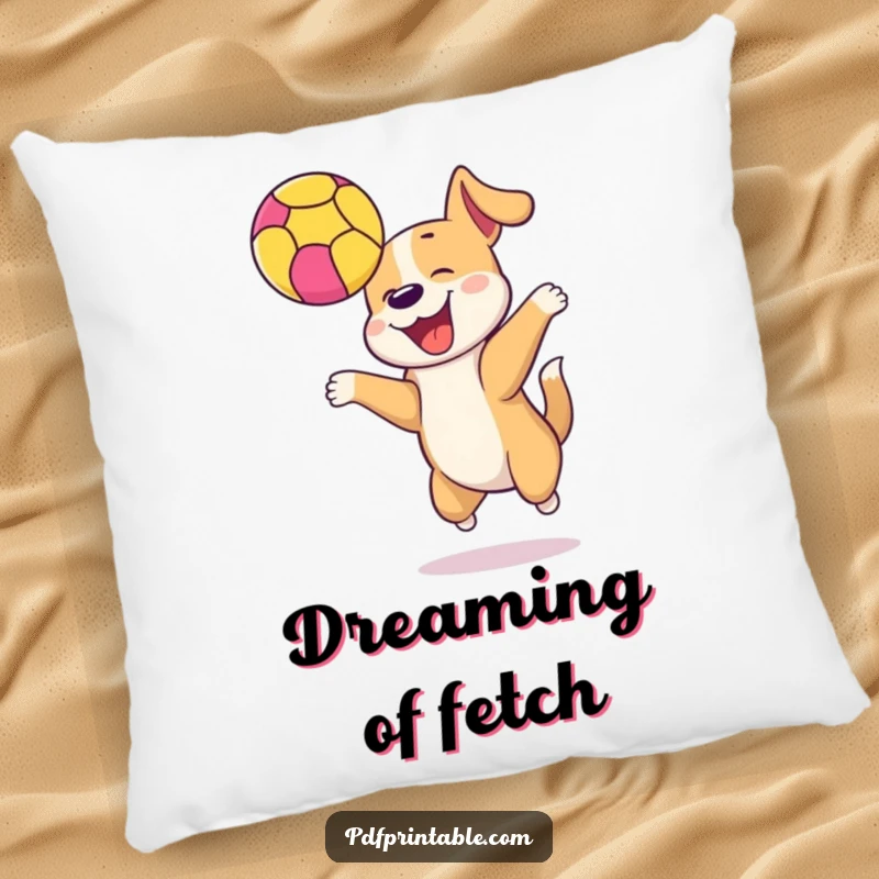 Funny happy dog bouncing a colorful ball high in the air, offering plush humor and playful comfort on a decorative pillow.