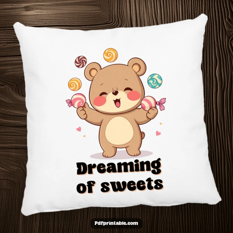 Funny pillow featuring a very happy bear character juggling a delightful pile of oversized, colorful candies, bringing a soft touch of humor and joy.