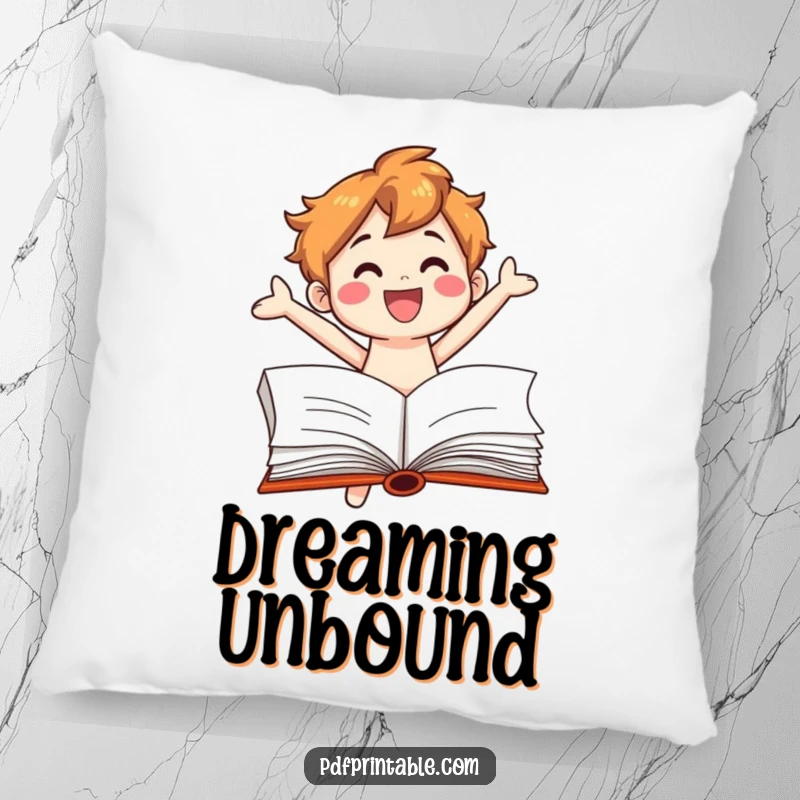 Funny Pillow: A cheerful book character leaping out of a book, offering comfort and literary-themed humor for any cozy nook.
